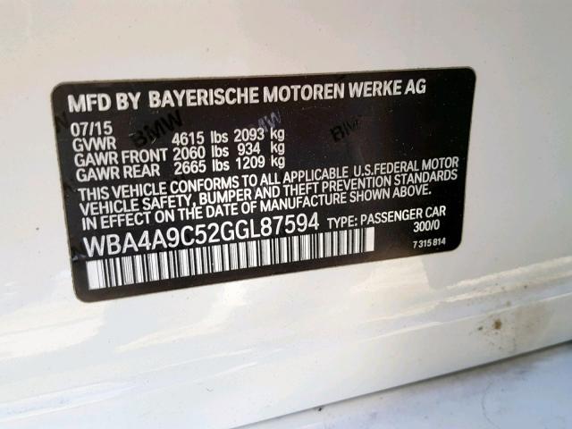 WBA4A9C52GGL87594 - 2016 BMW 428 I WHITE photo 10