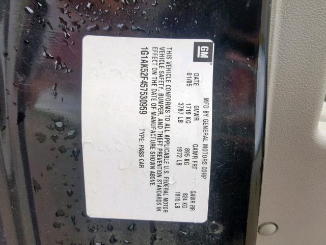 1G1AK52F457530959 - 2005 CHEVROLET COBALT BLACK photo 10