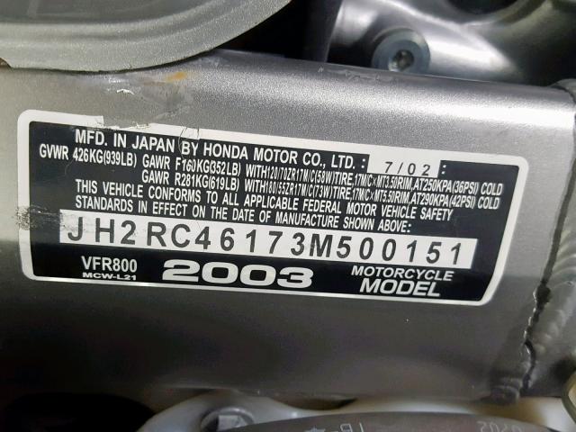 JH2RC46173M500151 - 2003 HONDA VFR800 SILVER photo 20