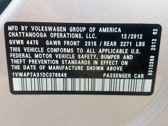 1VWAP7A31DC076846 - 2013 VOLKSWAGEN PASSAT S SILVER photo 10