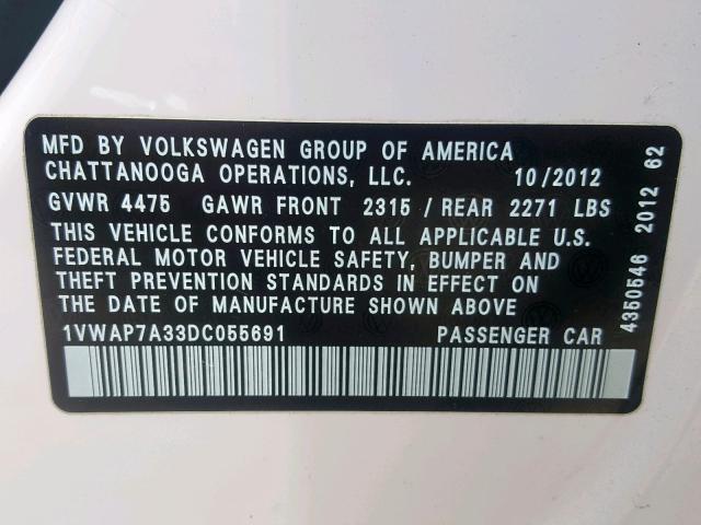 1VWAP7A33DC055691 - 2013 VOLKSWAGEN PASSAT S WHITE photo 10