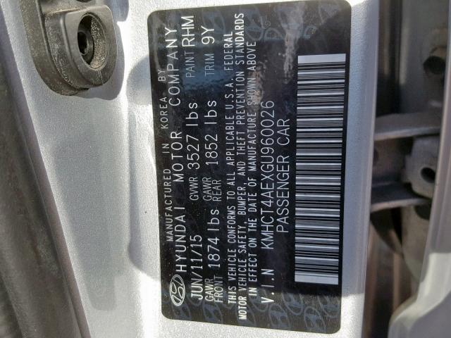 KMHCT4AEXGU960026 - 2016 HYUNDAI ACCENT SE SILVER photo 10