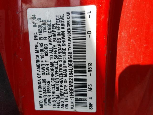 1HGEM22184L058648 - 2004 HONDA CIVIC DX V RED photo 10