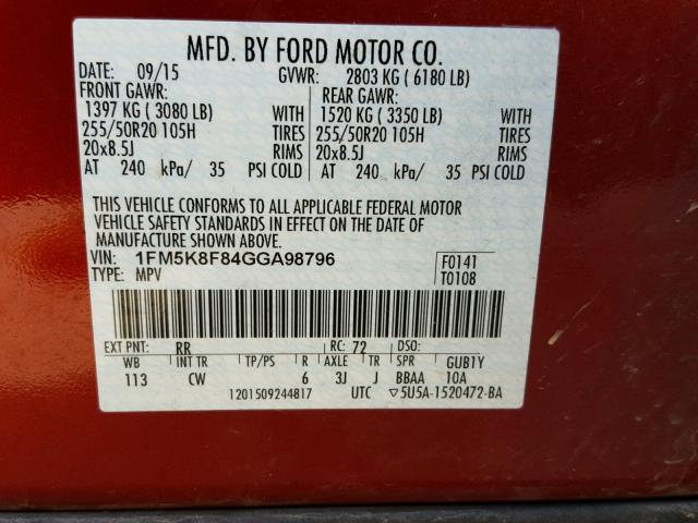 1FM5K8F84GGA98796 - 2016 FORD EXPLORER L RED photo 10