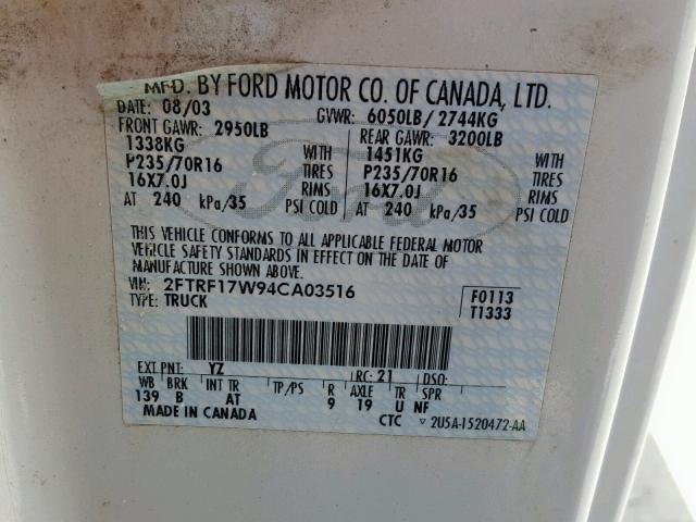 2FTRF17W94CA03516 - 2004 FORD F-150 HERI WHITE photo 10