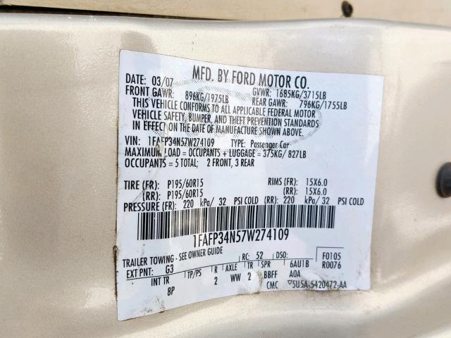 1FAFP34N57W274109 - 2007 FORD FOCUS ZX4 GOLD photo 10