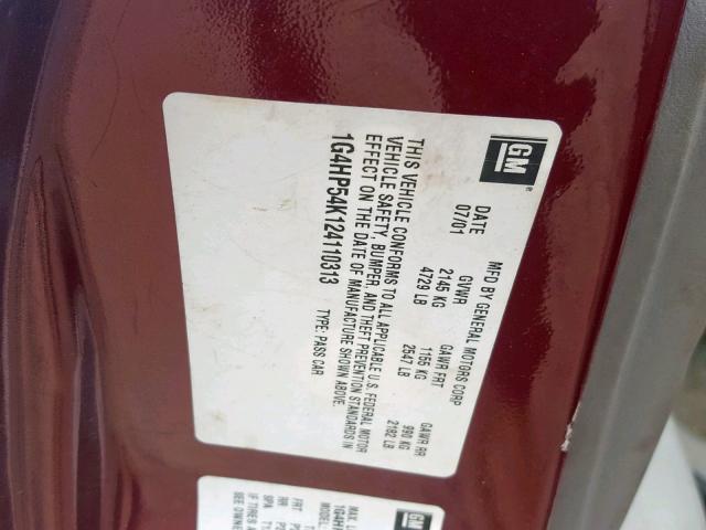 1G4HP54K124110313 - 2002 BUICK LESABRE CU MAROON photo 10