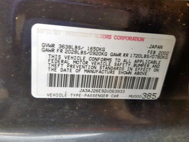 JA3AJ26E92U063933 - 2002 MITSUBISHI LANCER ES BLUE photo 10