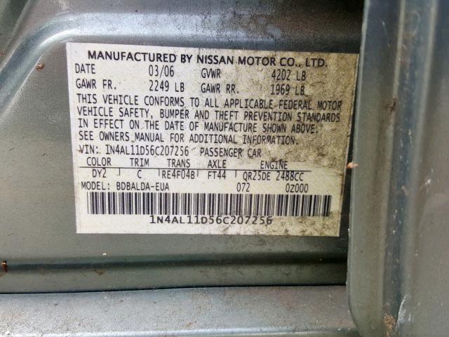 1N4AL11D56C207256 - 2006 NISSAN ALTIMA S GREEN photo 10