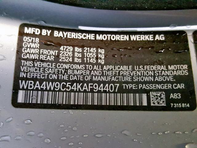 WBA4W9C54KAF94407 - 2019 BMW 440XI SILVER photo 10