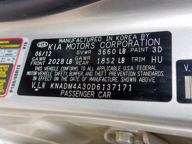 KNADM4A30D6137171 - 2013 KIA RIO LX SILVER photo 10