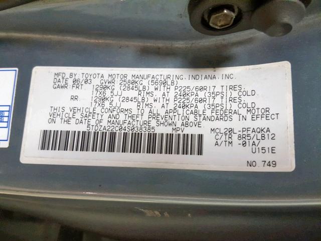 5TDZA22C04S038385 - 2004 TOYOTA SIENNA XLE BLUE photo 10