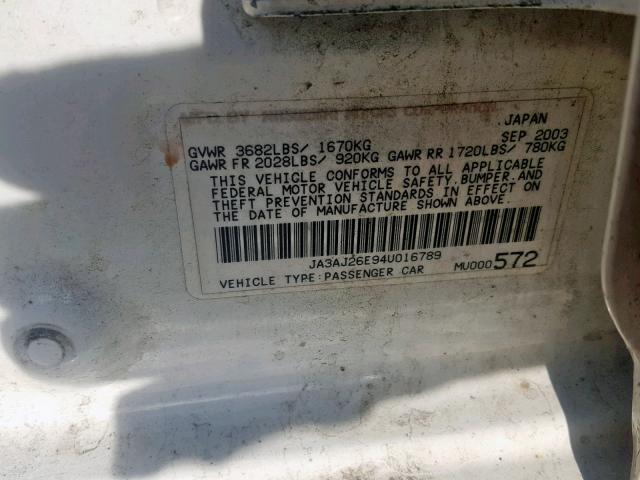 JA3AJ26E94U016789 - 2004 MITSUBISHI LANCER ES WHITE photo 10