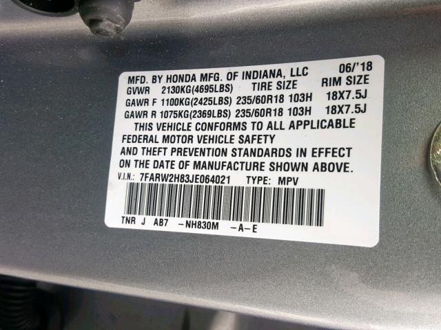 7FARW2H83JE064021 - 2018 HONDA CR-V EXL SILVER photo 10