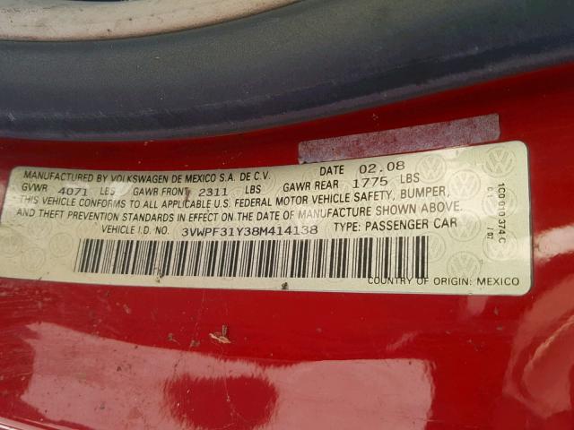 3VWPF31Y38M414138 - 2008 VOLKSWAGEN NEW BEETLE წითელი ფოტო 10