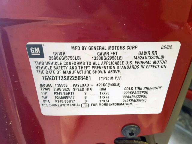 1GKDT13S022508461 - 2002 GMC ENVOY RED photo 10