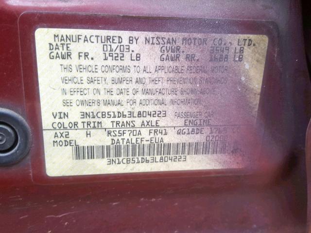 3N1CB51D63L804223 - 2003 NISSAN SENTRA XE BURGUNDY photo 10