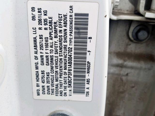 5KBCP3F81AB004702 - 2010 HONDA ACCORD EXL WHITE photo 10