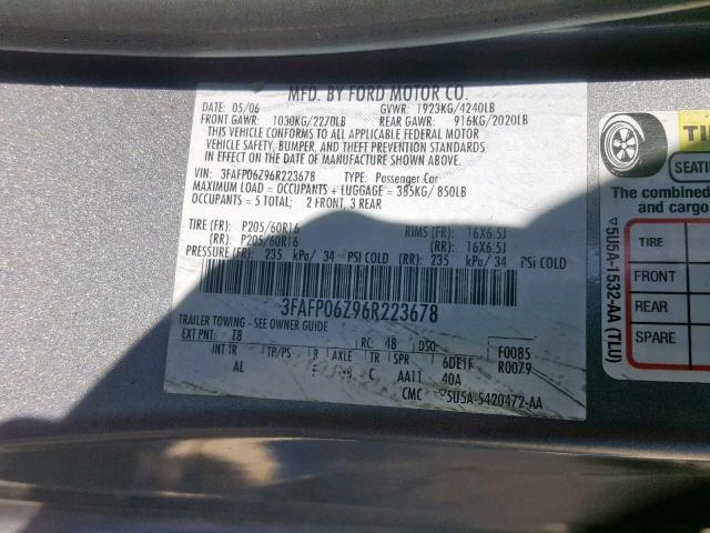 3FAFP06Z96R223678 - 2006 FORD FUSION S GRAY photo 10
