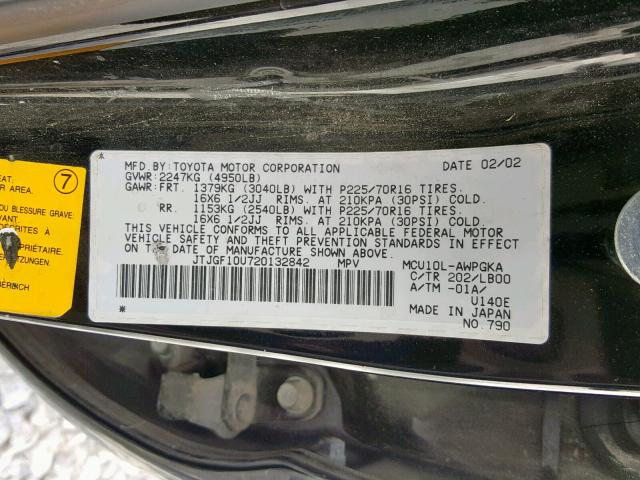 JTJGF10U720132842 - 2002 LEXUS RX 300 BLACK photo 10