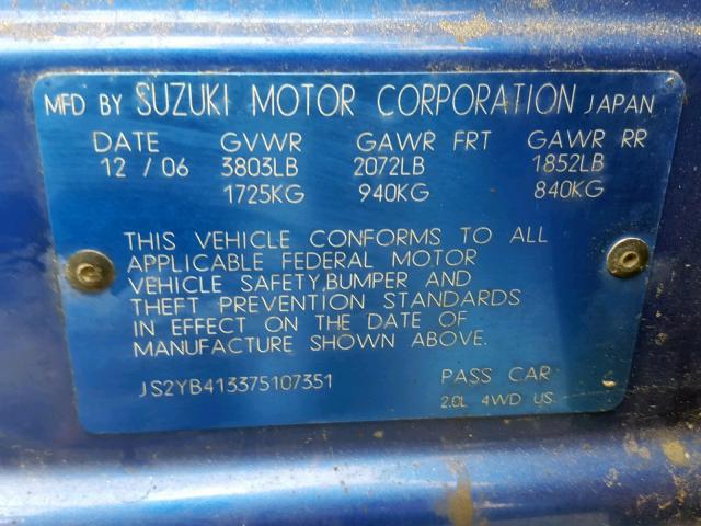 JS2YB413375107351 - 2007 SUZUKI SX4 BLUE photo 10