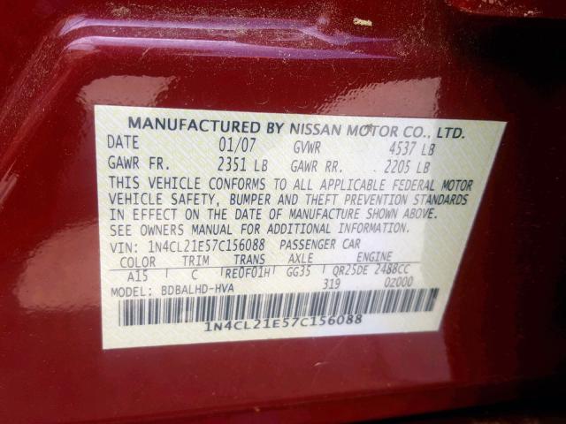 1N4CL21E57C156088 - 2007 NISSAN ALTIMA HYB RED photo 10