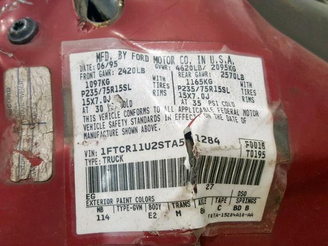 1FTCR11U2STA51284 - 1995 FORD RANGER RED photo 10