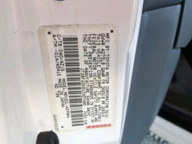 JT2BF22K810337480 - 2001 TOYOTA CAMRY CE WHITE photo 10