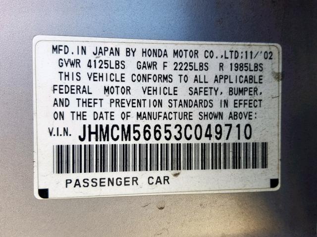 JHMCM56653C049710 - 2003 HONDA ACCORD EX GRAY photo 10