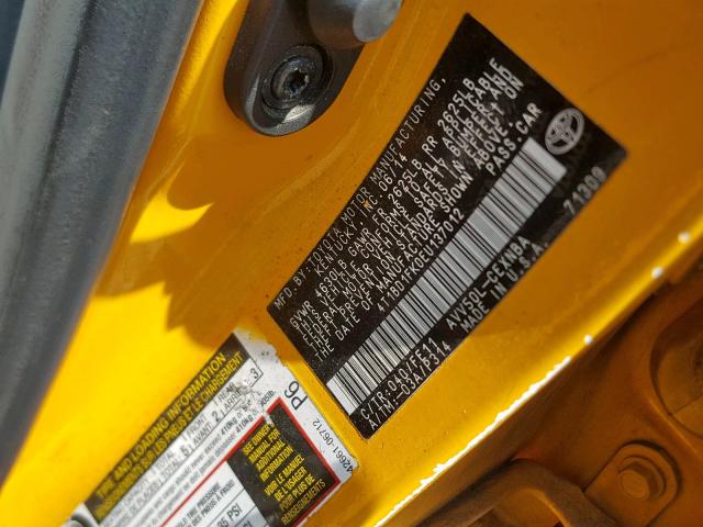 4T1BD1FK0EU137012 - 2014 TOYOTA CAMRY HYBR YELLOW photo 10