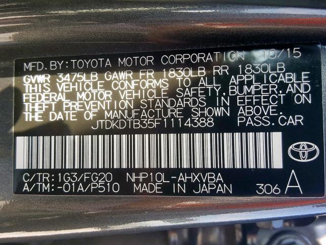 JTDKDTB35F1114388 - 2015 TOYOTA PRIUS C BLUE photo 10