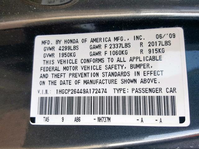 1HGCP26449A172474 - 2009 HONDA ACCORD LXP GRAY photo 10