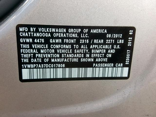 1VWBP7A37DC017806 - 2013 VOLKSWAGEN PASSAT SE SILVER photo 10