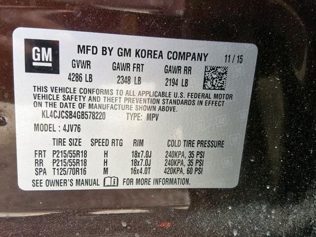 KL4CJCSB4GB578220 - 2016 BUICK ENCORE BROWN photo 10