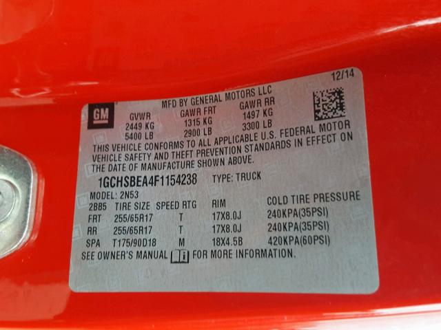 1GCHSBEA4F1154238 - 2015 CHEVROLET COLORADO L RED photo 10