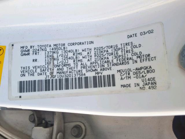 JTJGF10U320137584 - 2002 LEXUS RX 300 WHITE photo 10