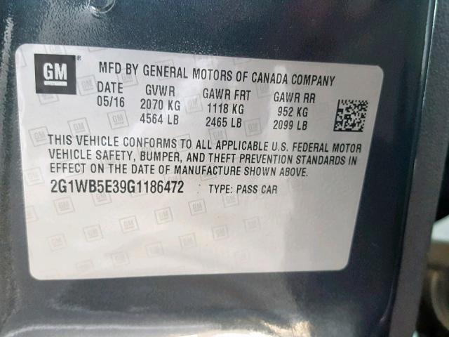 2G1WB5E39G1186472 - 2016 CHEVROLET IMPALA LIM GRAY photo 10