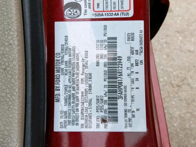 3FAHP08176R123949 - 2006 FORD FUSION SEL RED photo 10