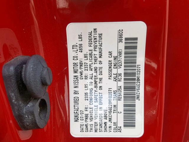 JNKCV64E28M102071 - 2008 INFINITI G37 BASE RED photo 10