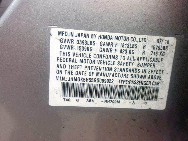 JHMGK5H55GS009022 - 2016 HONDA FIT LX SILVER photo 10