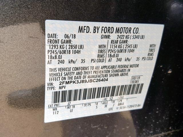 2FMPK3J89JBC26404 - 2018 FORD EDGE SEL GRAY photo 10