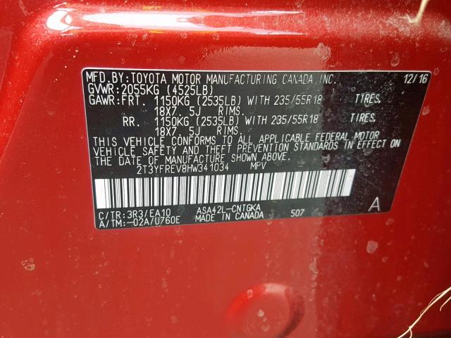 2T3YFREV8HW341034 - 2017 TOYOTA RAV4 LIMIT RED photo 10