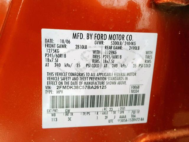 2FMDK38C57BA26125 - 2007 FORD EDGE SEL ORANGE photo 10