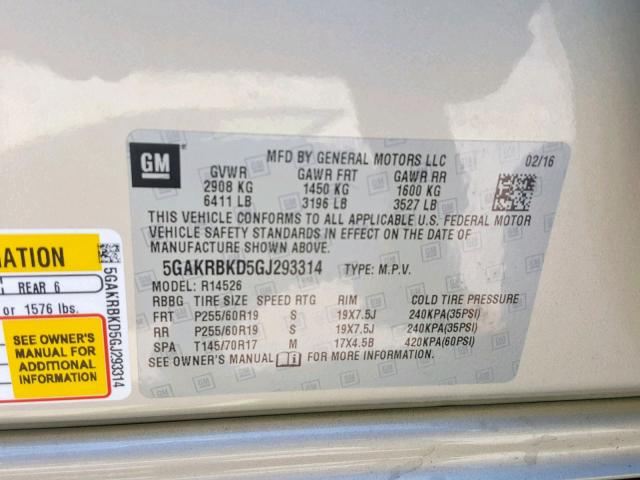 5GAKRBKD5GJ293314 - 2016 BUICK ENCLAVE SILVER photo 10