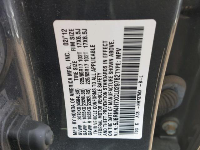 5J6RM4H7XCL029782 - 2012 HONDA CR-V EXL GRAY photo 10