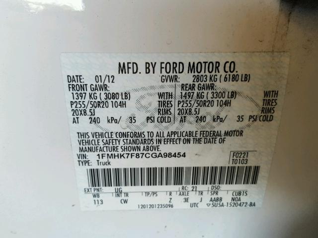 1FMHK7F87CGA98454 - 2012 FORD EXPLORER L WHITE photo 10