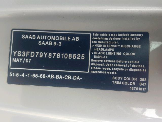 YS3FD79Y876108625 - 2007 SAAB 9-3 2.0T BEIGE photo 10