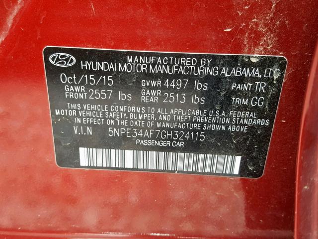 5NPE34AF7GH324115 - 2016 HYUNDAI SONATA SPO RED photo 10