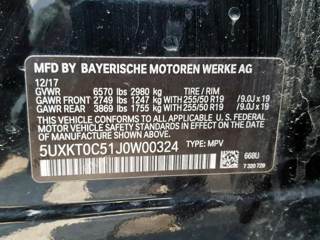 5UXKT0C51J0W00324 - 2018 BMW X5 XDR40E BLACK photo 10