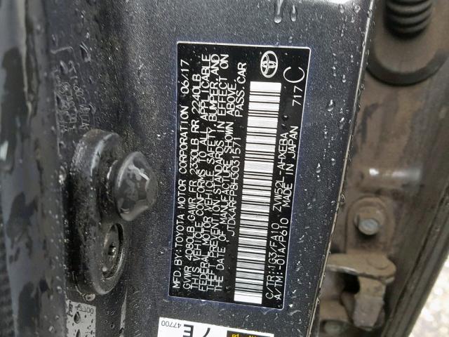 JTDKARFP8H3031571 - 2017 TOYOTA PRIUS PRIM CHARCOAL photo 10